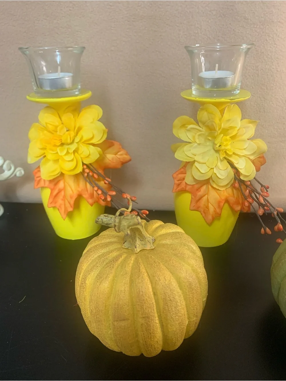 Yellow Floral Candle Holder Set with Decorative Pumpkins - Home Accents